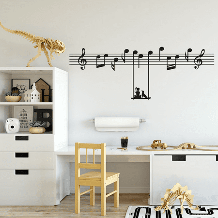 Woman and a Pet Dog Silhouette Hanging on Musical Notes with Creative Design for Living Room Vinyl Wall Decal - Beautiful Unique and Cute Art of Music for Relaxing Bedroom Wall Decoration - 20" x 51"