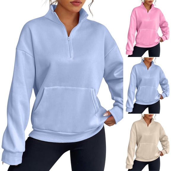 Idoravan Quarter Zip Pullover Women Sweatshirt Women Long Sleeved Solid Color Zipper ing Pocket High Neck Sweater Blue