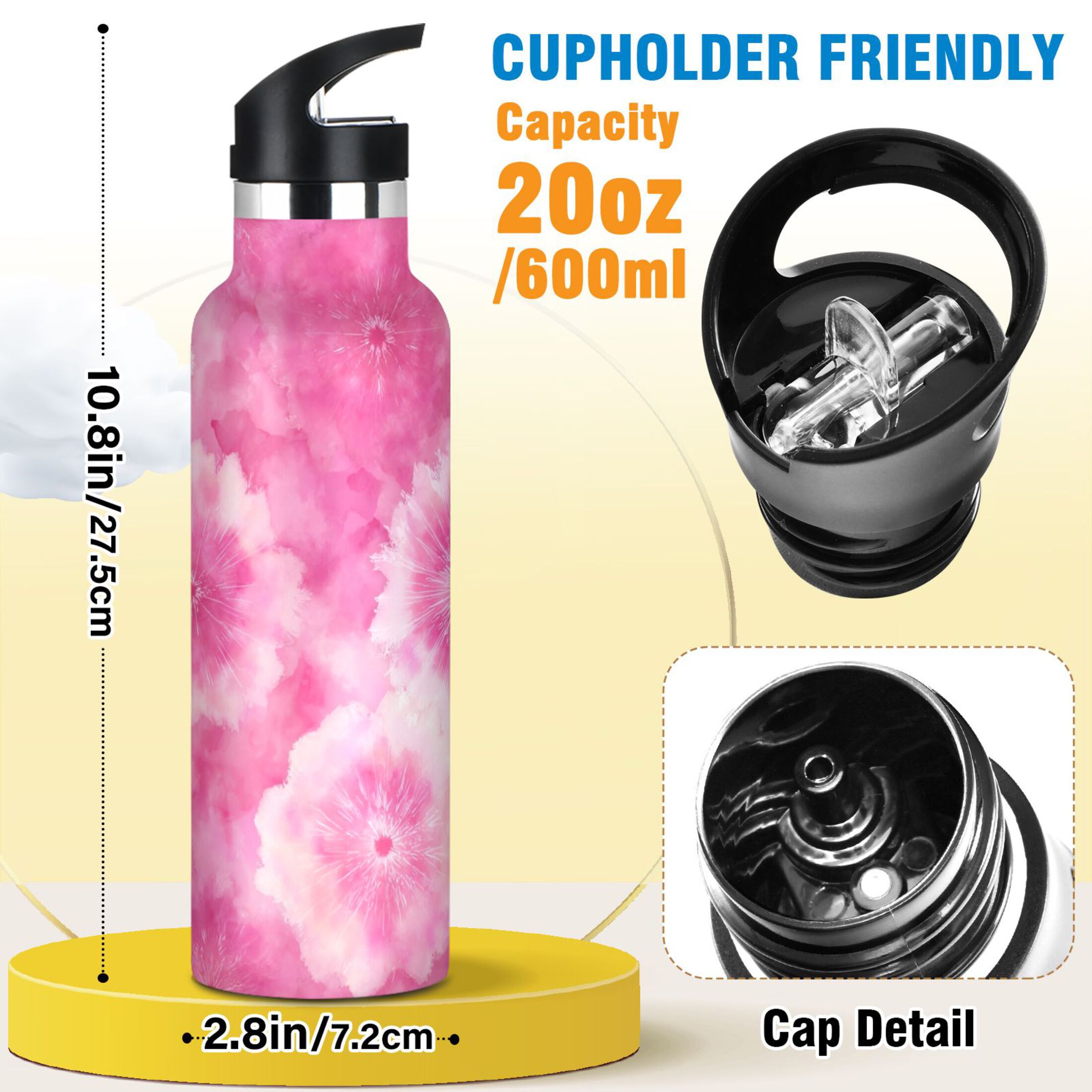 600ML Stainless Steel Insulated Cup Sports Water Bottle Portable Thermos Cup Water Glasses Insulated Tumblers Convenient and Durable Pink Pattern Beautiful