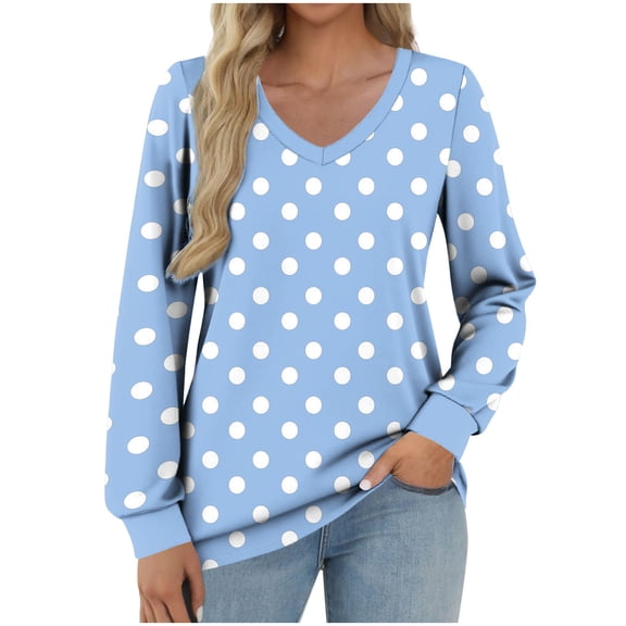 Full Length Sleeve Womens Tops Polka Dot V Neck Business Work Shirts Dressy Casual Blouses Spring Outfits Loose Fit