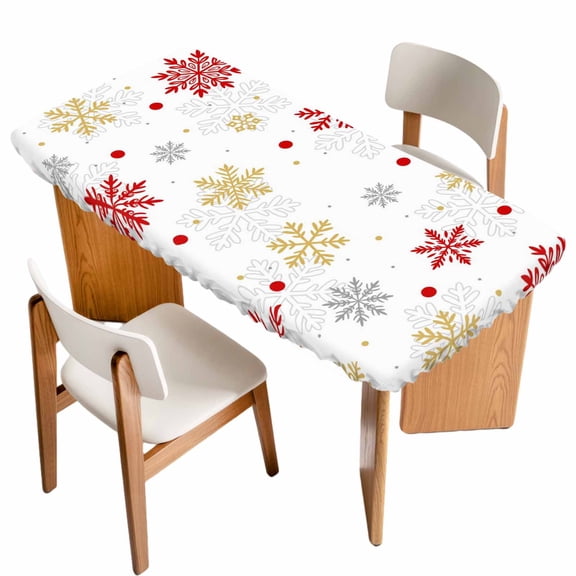 Red Christmas Snowflakes Table Cloths for 3 Foot Rectangle Tables, Winter Xmas Snow Yellow Gray Patio Waterproof Elastic Fitted Tablecloths, Washable Rectangular Table Cover for Camping