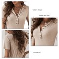 thumbnail image 5 of Summer T Shirt, V Neck Button Women Short Sleeve Ribbed Knit Stretchy Solid Color  For Party For Work Beige M, 5 of 5