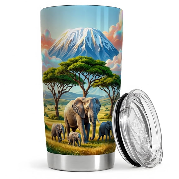 Elephant Savanna Mountain 20oz Tumbler, Elephant Tumbler for safari drinks, family herd below snowy peak with acacia trees, wildlife art cup for zoo fans and outdoor travelers