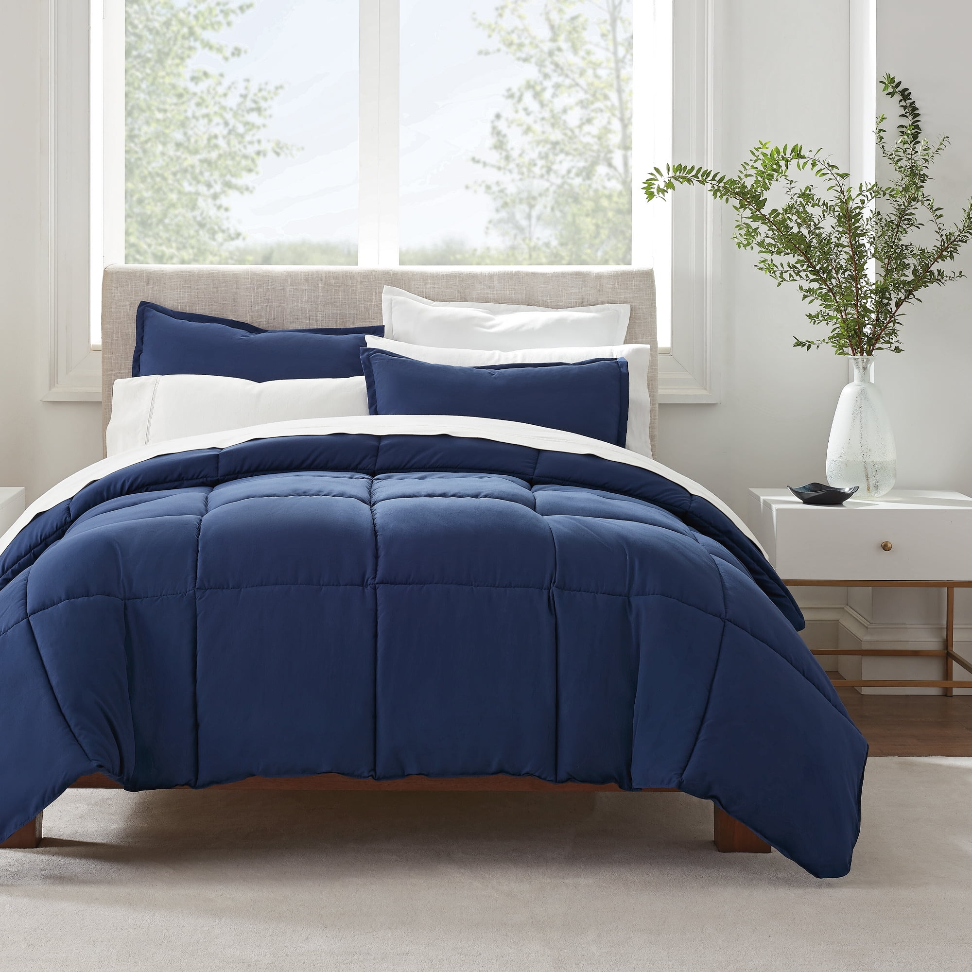 Serta Simply Clean Antimicrobial 3-Piece Navy Blue Solid Comforter Set ...