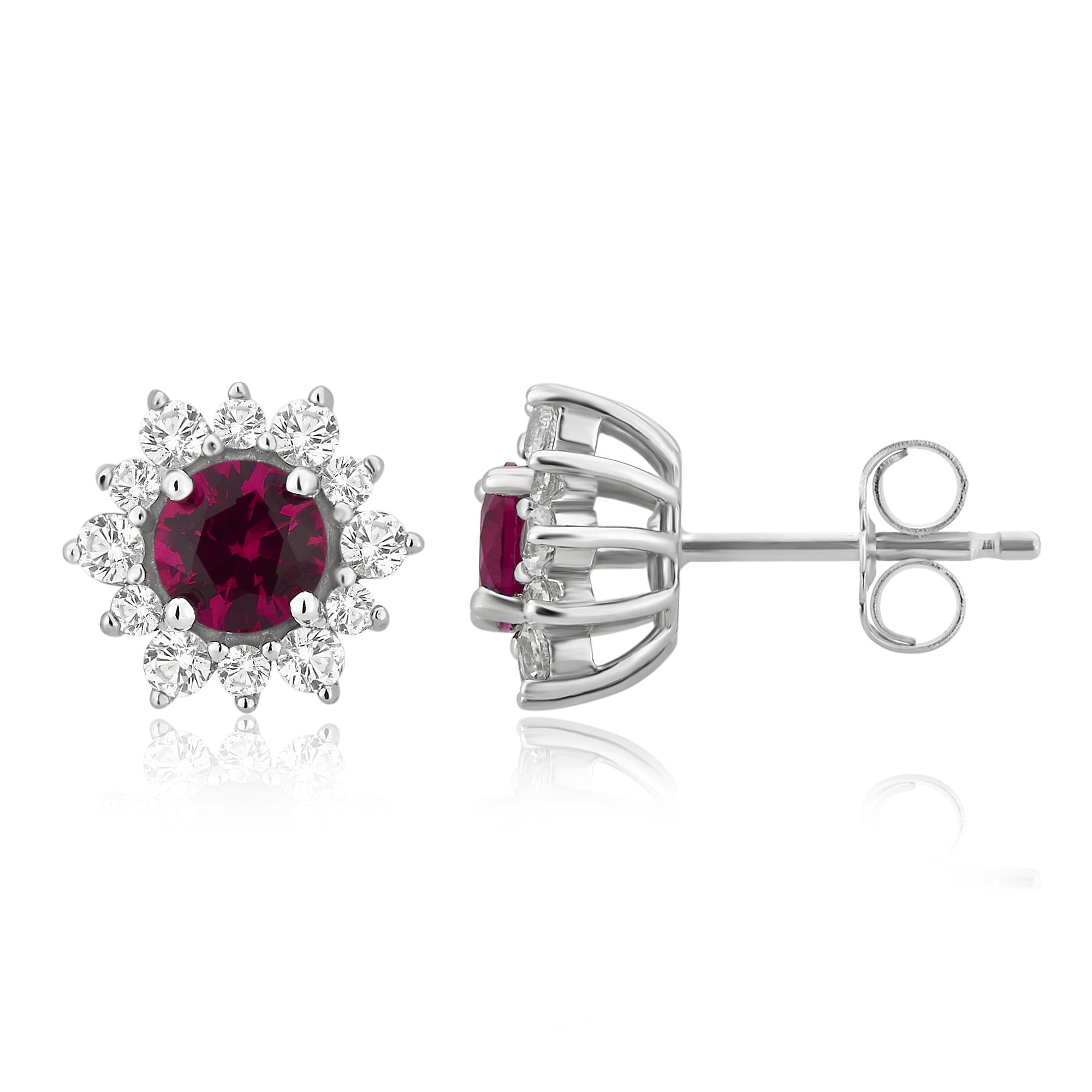 2 1/4 Carat T.W. Created Ruby and White Sapphire Sterling Silver Flower Earrings
