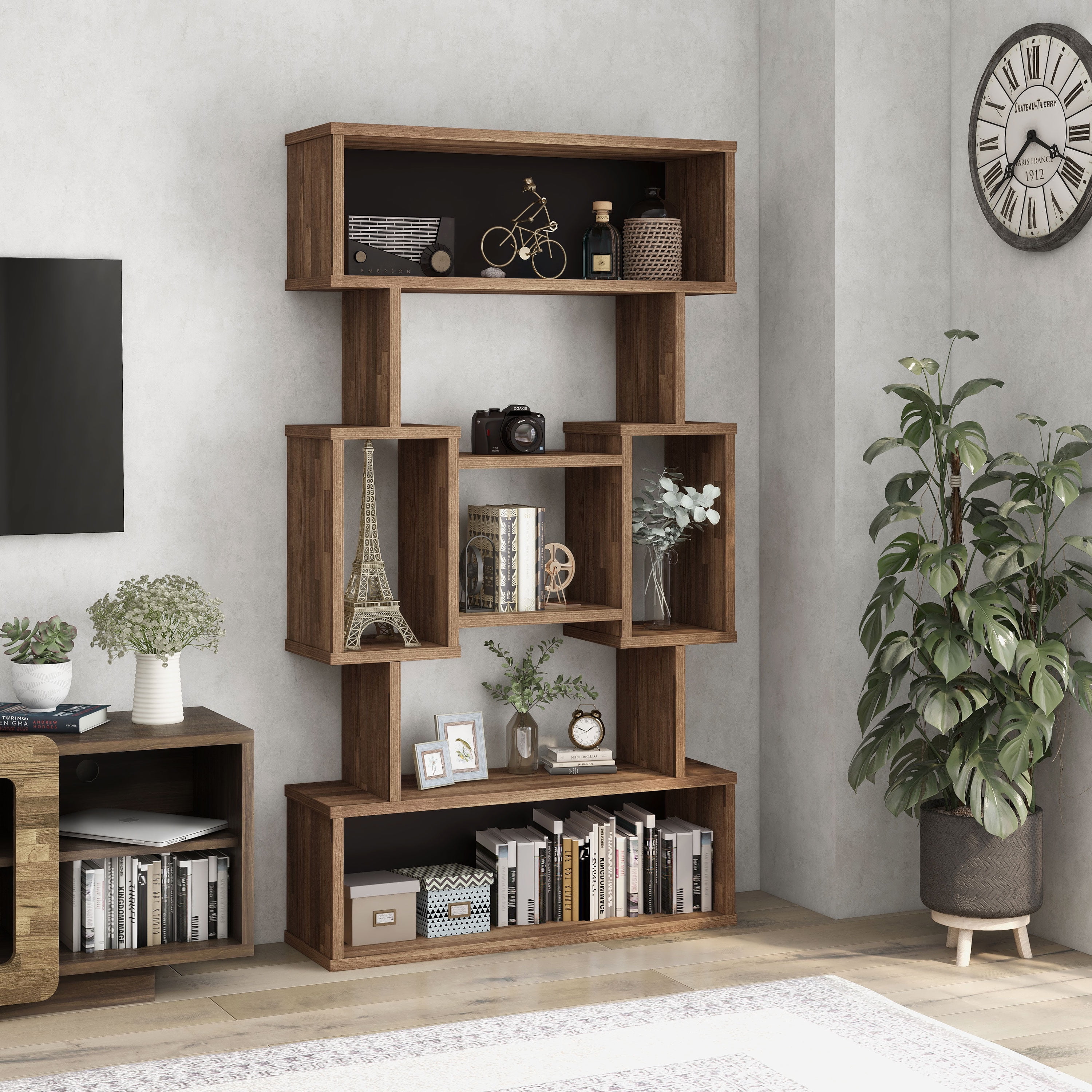 Furniture of America Rhine Modern 13-Shelf Geometric Bookcase, Light Hickory