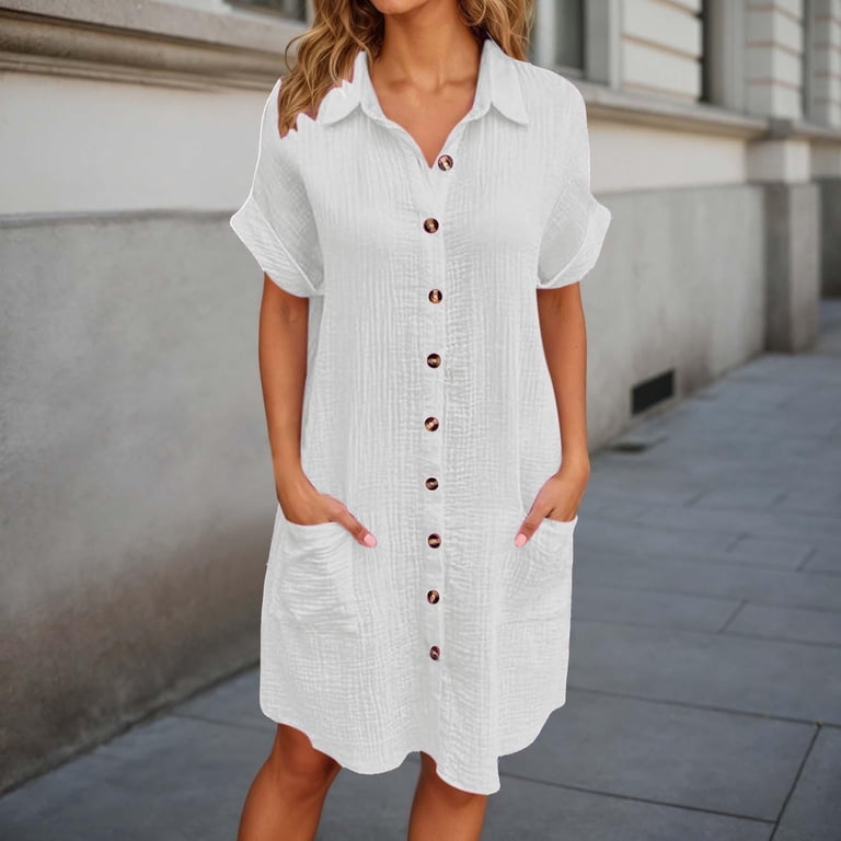 XIAONU Women's Front Pocket Shirt Dress Turn Down Collar Summer Casual Mini Gown
