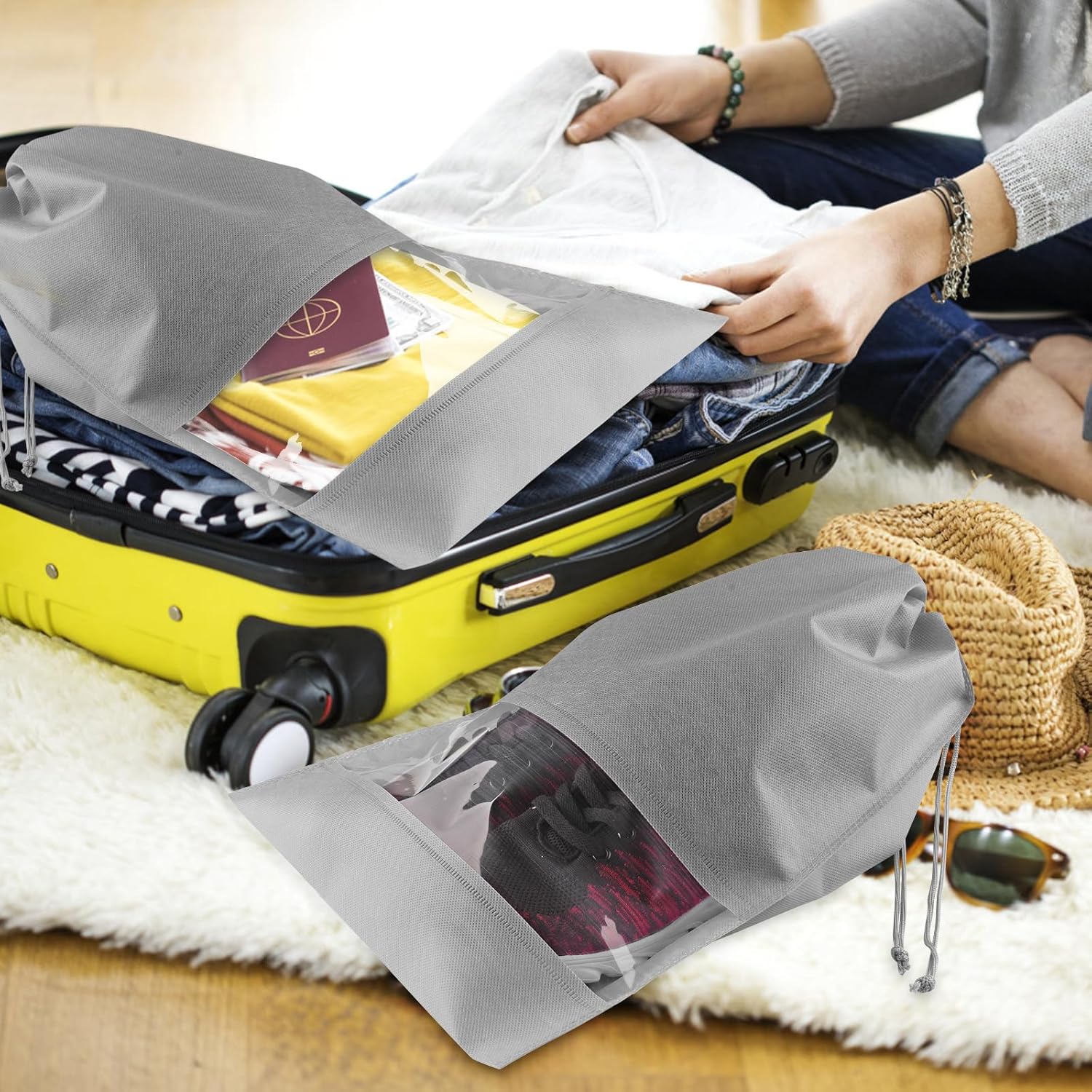 Large Black Travel Shoe Bags - 5 Pcs with Clear Window, Non-Woven Drawstring, 12.6" X 17.3" for Men Women
