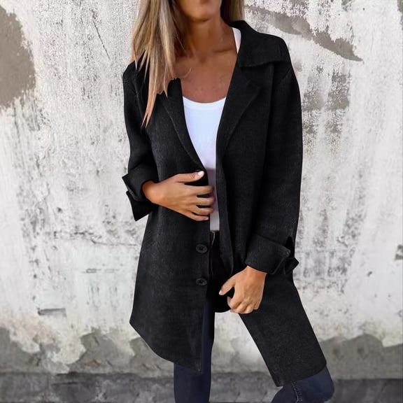 Homenesgenics Trench Coat for Women Casual Warm Buttoned Winter Coat Mid-Length Lapel Pockets Jacket Long-Sleeved Black XL
