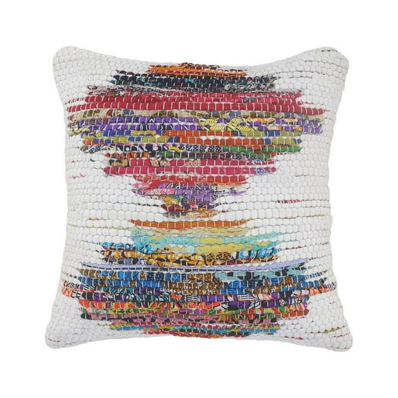 Ox Bay 20" x 20" Hand-Woven White/ Multicolored Geometric Organic Cotton Pillow Cover