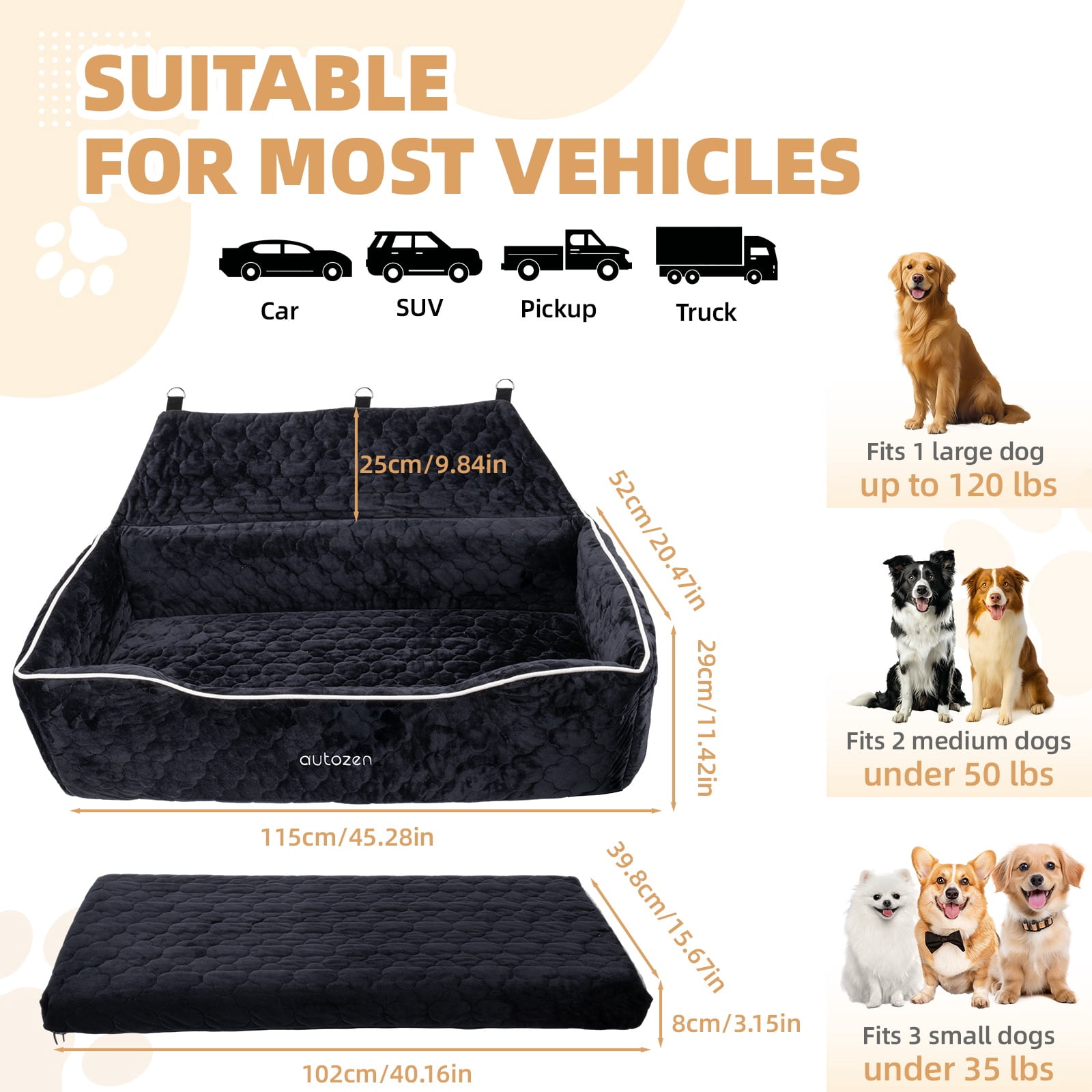 Dog Car Seat for Large Medium Small Dogs, Detachable Washable Dog Booster Seat Under 120lbs, Pet Car Seat Travel Bed with Storage Pockets and Dog Safety Belt