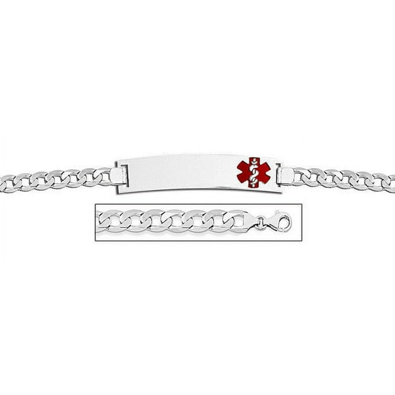 Sterling Silver Medical ID Bracelet W/ Curb Chain W/ Red Enamel - 8-1/2