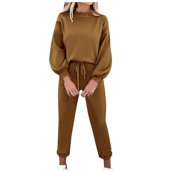 Ensembles de Survêtement 2 Pcs pour Femmes, Tenue de Survêtement 2 Pcs, Chandail à Manches Lanterne et Pantalon Jogger Taille Haute, Ensembles de Détente, Tenues de Voyage pour Femmes P-84 Café TG