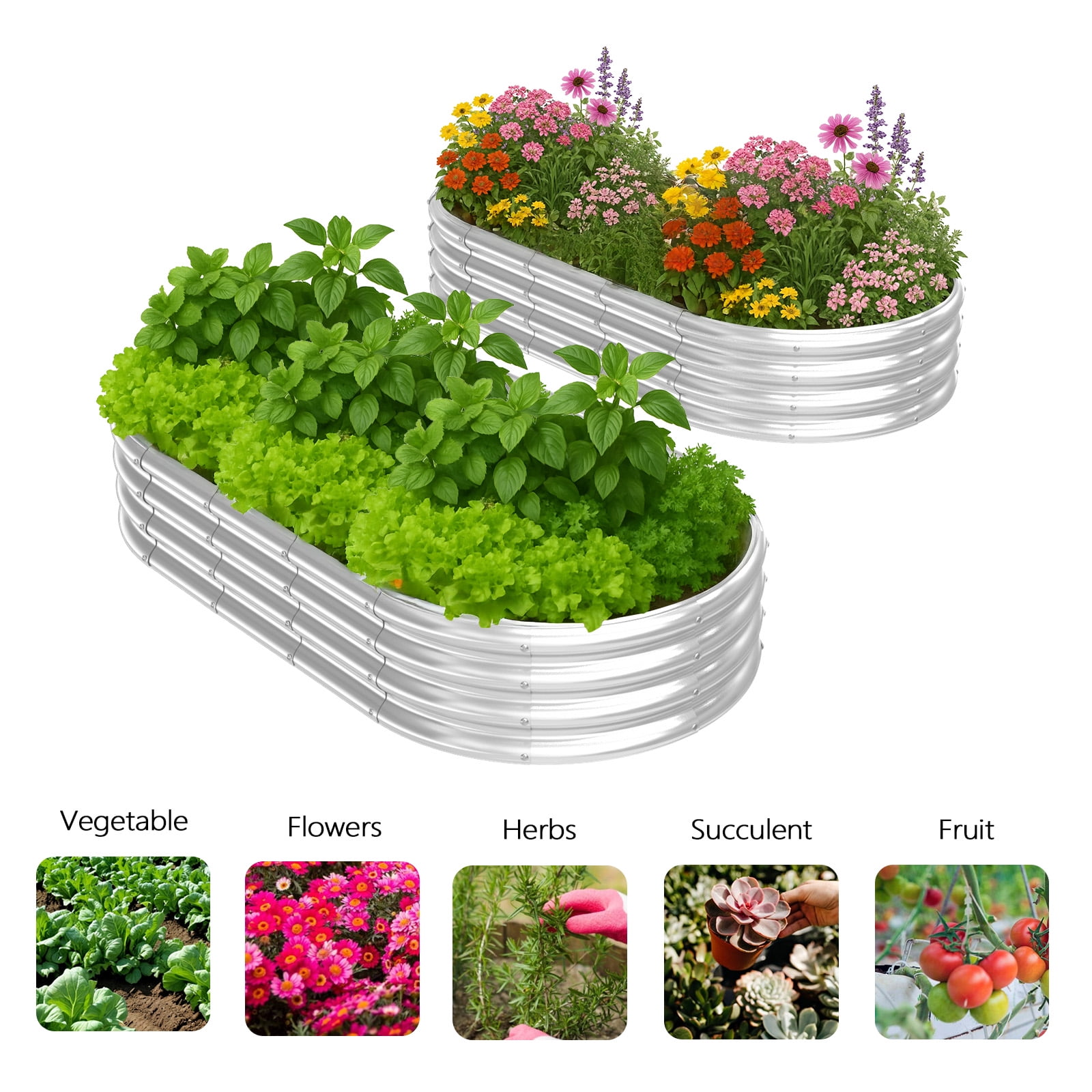 Ktaxon 6x3x1ft Oval Metal Raised Garden Bed - Galvanized Steel Planter Box for Outdoor/Indoor Use, Starlight Silver (2-Pack)