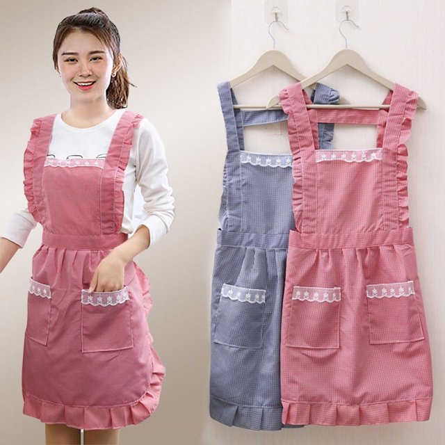 Precioso delantal de trabajo de encaje ajustable para el hogar, tienda, cocina, cocina, delantales para mujer con bolsillo para regalo (2 piezas)