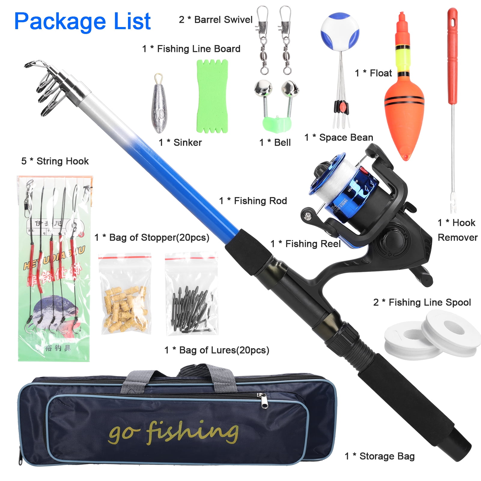 NFTIGB Portable Retractable Fishing Rod and Reel Combo Suit Complete Fishing Gear Accessory Bag Tool Set For Beginners Include Fishing Line Hooks Bobbers 19.69 inches / 50 cm