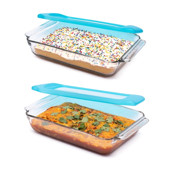 Libbey Baker’s Premium 9x13 Rectangle Glass Baking Dish Set of 2 with Lids, Stackable Bakeware with GreatGrip Handles and Plastic Covers