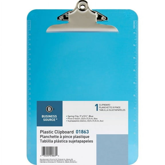 Business Source Spring Clip Plastic Clipboard - 8 1/2" x 11" - Spring Clip - Plastic - Blue - 1 Each | Bundle of 2 Each