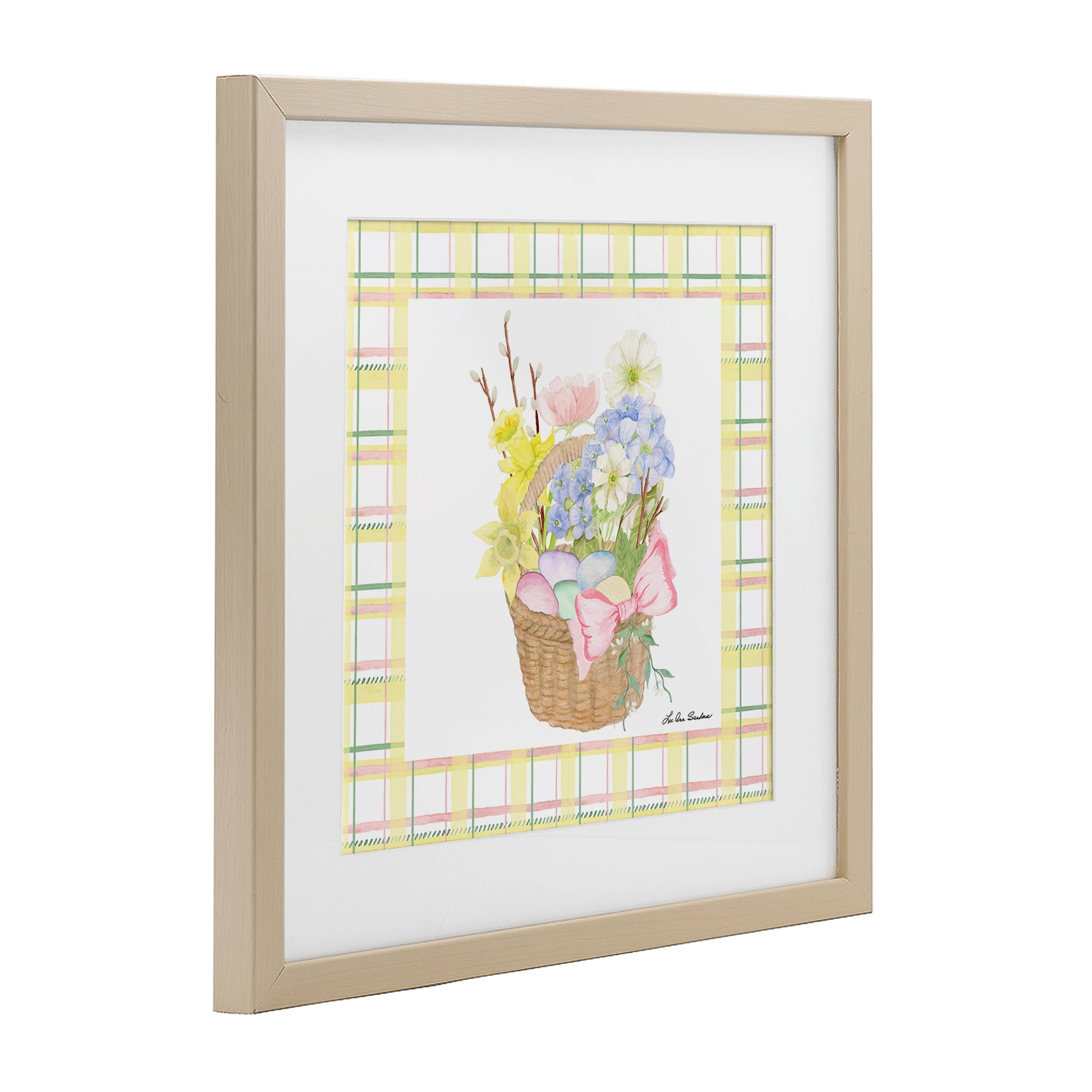 Spring Basket on Plaid Birch Framed Print Under Glass, design by Lee Ann Sanders