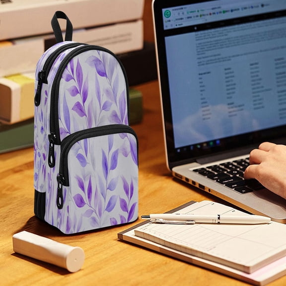 Backpack Pencil Case, 3 Compartment Large Capacity Oxford Fabric Pencil Pouch / Lilac Foliage Doodles