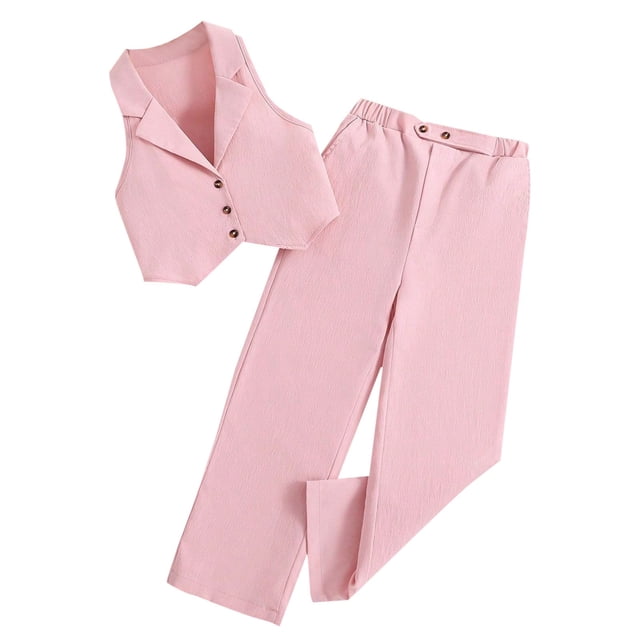 Zpanxa Girls Summer Outfits Solid Color Sleeveless Short Cardigan Vest and Elastic Waist Long Pants Set 5 Years