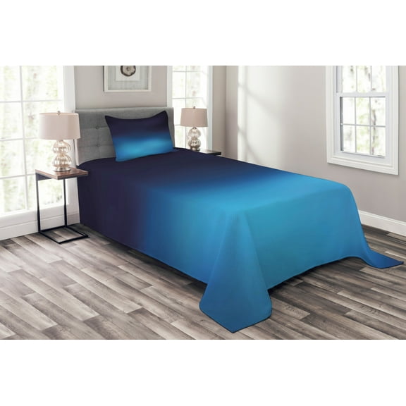 Ambesonne Navy Quilted Bedspread Set 2 Pcs, Blue Ombre Ocean Inspired, Twin Size, Dark Blue
