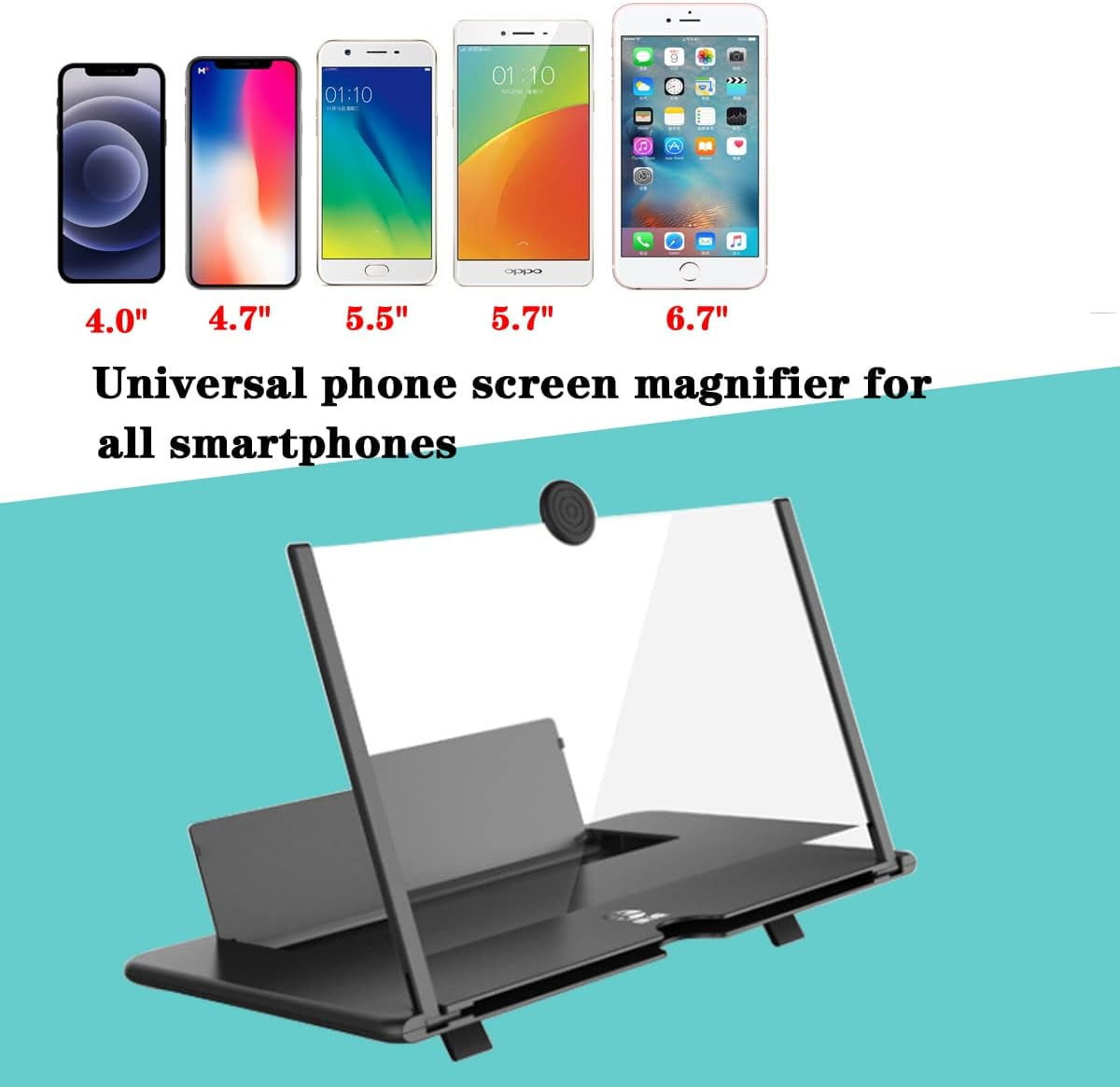 12" Phone Screen Magnifier, Screen Amplifier 3D HD Screen Projector with Foldable Stand, Phone Screen Magnifier for Watching Movies, Videos, Games and Reading, Compatible with All Phones (Black)
