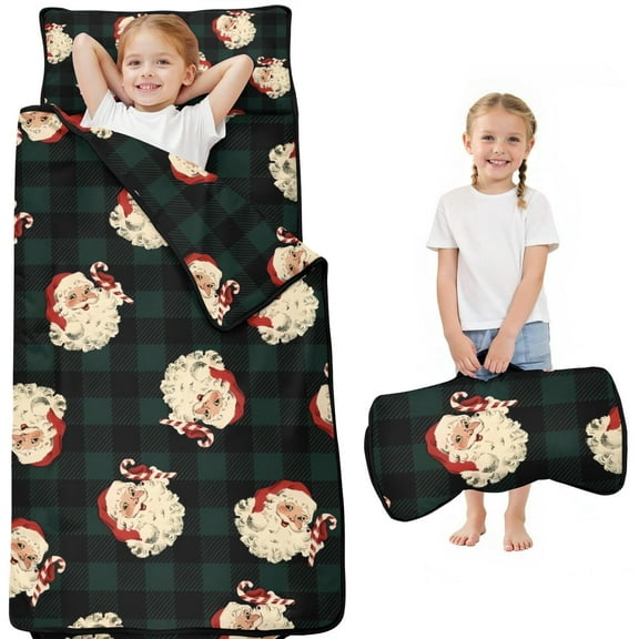 Green and Black Christmas Plaid Santa Pattern Toddler Nap Mats for Kids Preschool,50"x20" Sleeping Mat Bag or Kids,Toddler Sleeping Bag,Toddler Nap Mat or Daycare