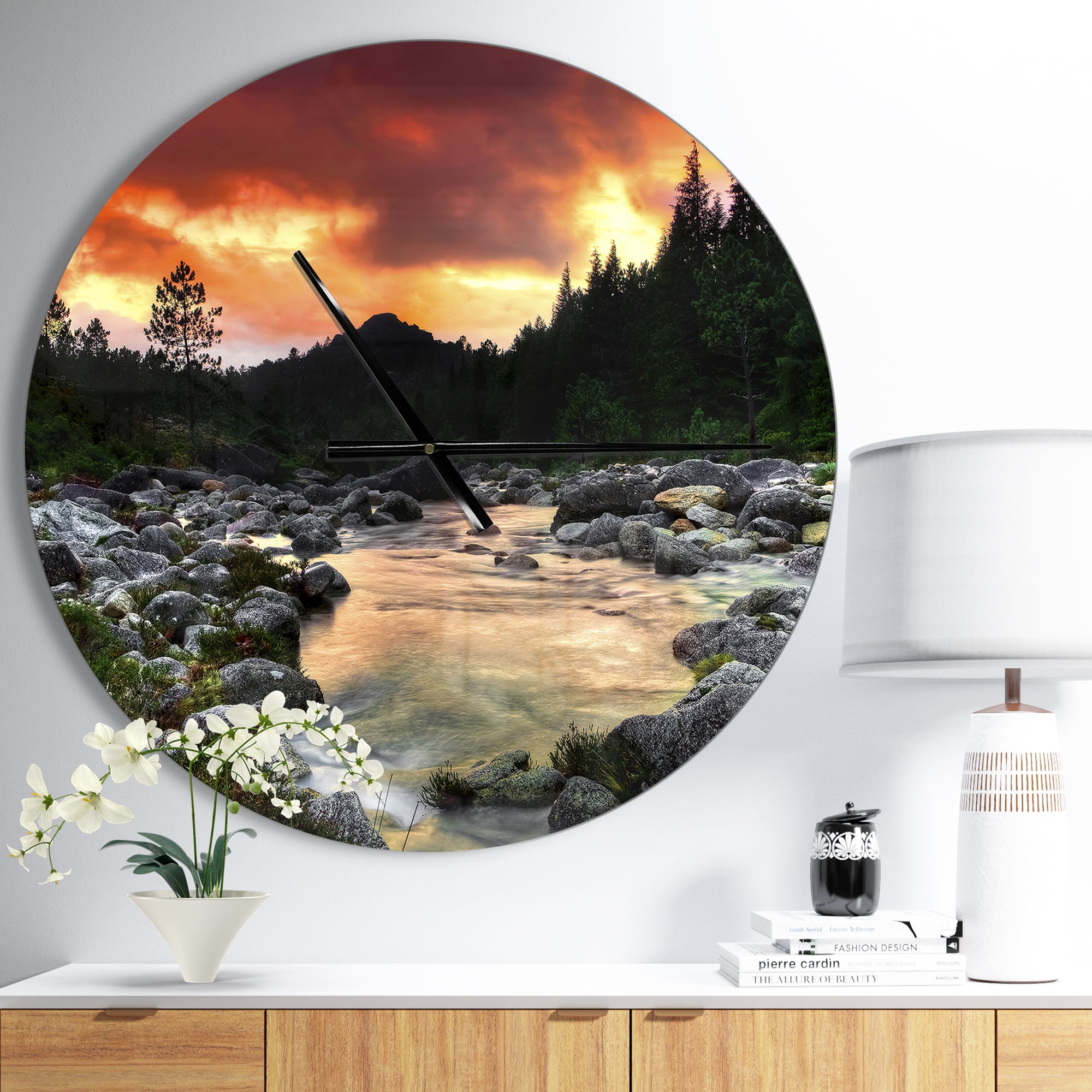 Designart 'Rocky Mountain River at Sunset ' Modern Wall Clock