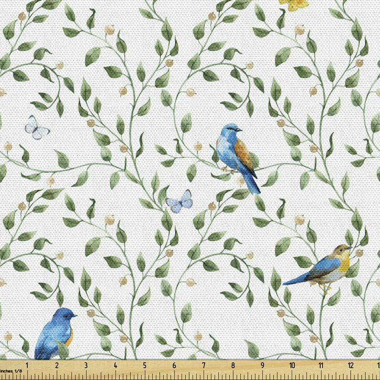 Birds Fabric by the Yard, Winged Animal and Butterflies on Thin Leafy  Branches with Berries, Decorative Upholstery Fabric for Chairs & Home  Accents