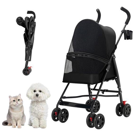 3-in-1 Lightweight Pet Stroller for Small Dogs & Cats, Foldable Jogger with Lockable Wheels, Cup Holder & Large Storage Basket - Black