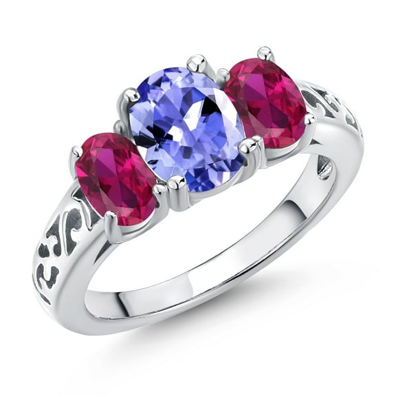 Gem Stone King 925 Sterling Silver Blue Tanzanite and Red Created Ruby Filigree Style 3 Stone Ring for Women (2.16 Cttw, Oval 8X6MM and 6X4MM) (Size 7)