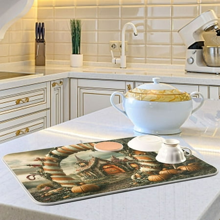 

Fairy Tale Cottage and Candy Arch Dish Drying Mats for Kitchen Counter Absorbent Microfiber Coffee Pad