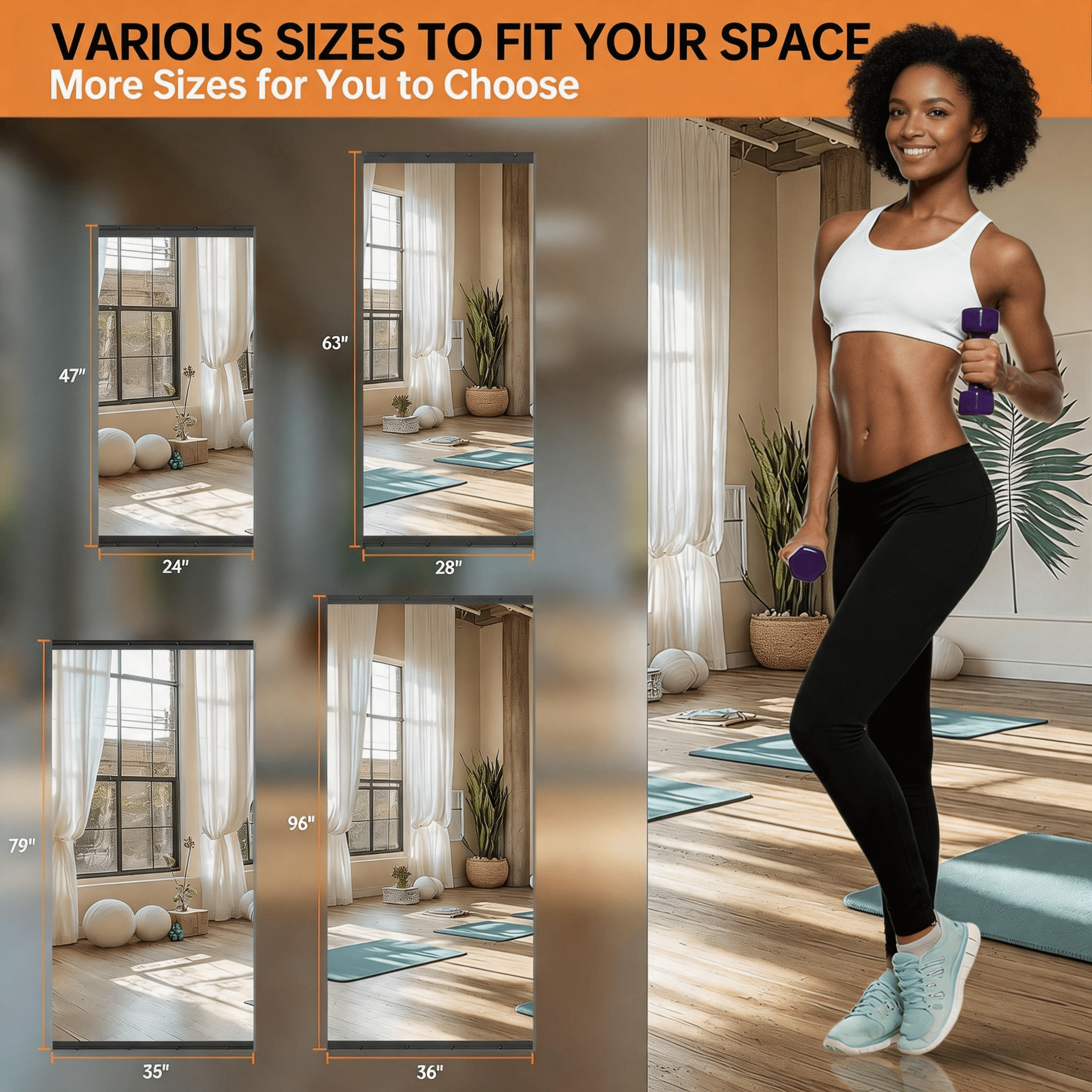 2-Piece 71x31-Inch Home Gym Mirror with Float Silver Technology, Frameless Full Body Mirror and Workout Mirror for Yoga Bedroom Dance Studio, Black
