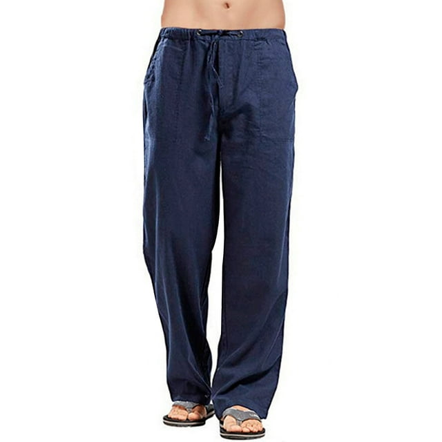 Kmbangi Men's Wide Leg Pants Drawstring Solid Color Linen Beach Pants Yoga Trousers Streetwear