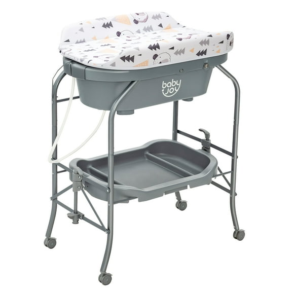 Infans Baby Changing Table w/Bathtub, Folding & Portable Diaper Station w/Wheels Gray
