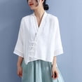 thumbnail image 4 of Jsaierl Womens 3/4 Length Sleeve Cotton Linen Tops Plus Size V Neck Shirts Retro Solid Petite Blouses Classic Elegant Tunic Top M-3XL, 4 of 4