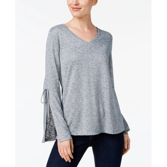 Style & Co V Neck Tie Sleeve Top Blue Combo S
