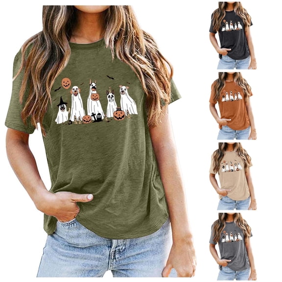 WERYOUNG Halloween Shirts For Women Short Sleeve Crewneck Pumpkin Ghost Graphic Tee Holiday Party Soft Cozy Fall Clothes For Women,Size L