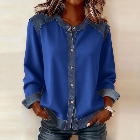 Homenesgenics Womens Tops Plus Size Spring Solid Color Casual Long-Sleeve Round Neck Denim Patchwork Button-Down Cardigan Jacket Top Shirt Blue XL