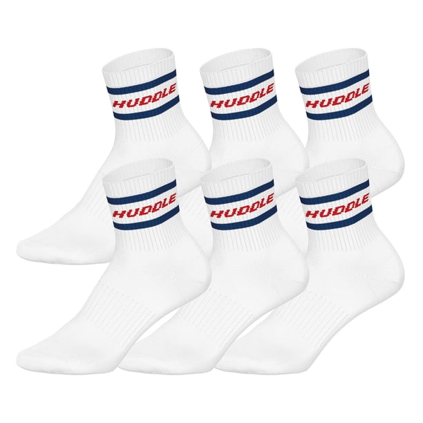 HUDDLE Calcetines Unisex, pack de 6 – Rayas, logo, Short Crew, calcetines deportivos, color liso Blanco/Azul/Rojo 39-42