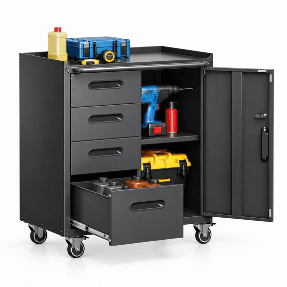 IKIMI 4 Drawer Rolling Tool Cabinet with Lockable Door, Metal Garage Storage Cabinet with Wheels and Adjustable Shelf, Black