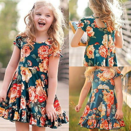 Little Girls Dresses Kids Baby Girls Floral Print Dress Casual Party Beach Clothes 6m 6yrs