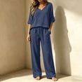 thumbnail image 6 of BRELIL Women's 2 Piece Sets Summer Wide Leg Pants V Neck Short Sleeve Tops Casual Lounge Matching Sets Solid Boho Vacation Travel Outfits Loose Tracksuit, Navy S, 6 of 7