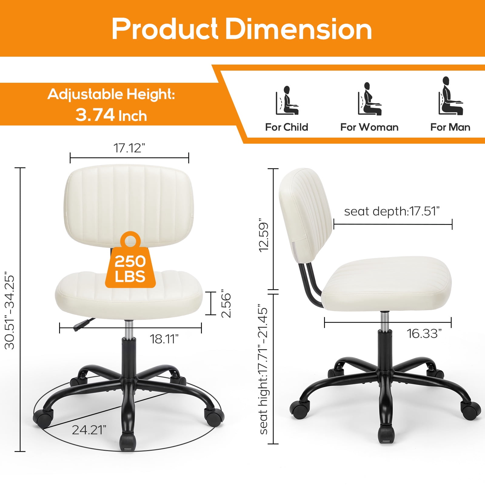 Aidoly Office Desk Chair, Armless Computer Chair with Lumbar Support, PU Leather Low Back Adjustable Height 360° Rolling, Beige