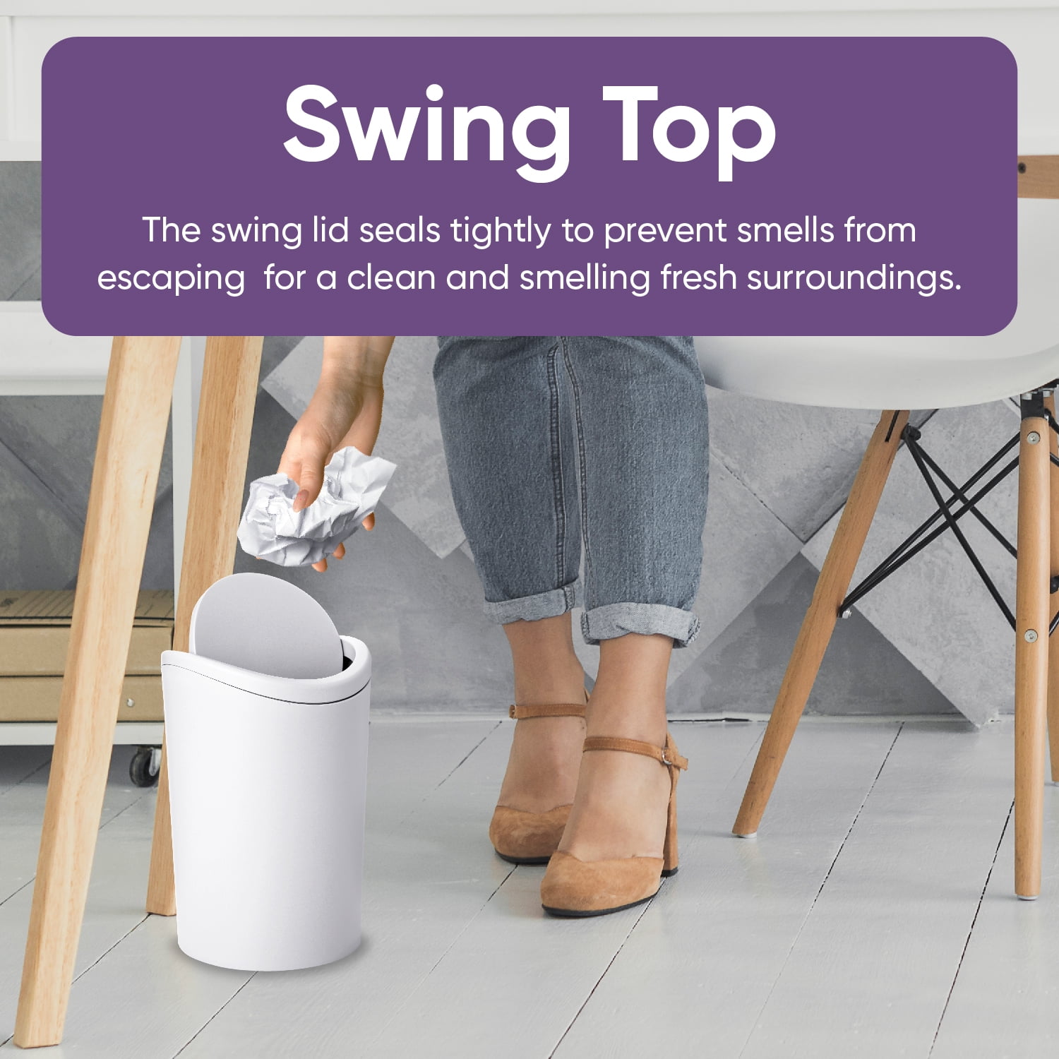 Superio Small Bathroom Trash Can with Lid, Modern White Mini Waste Bin with Swing Lid (1 1/2 Gallon, 6 Liter) Plastic Garbage Can for Kitchen, Bathroom, Bedroom, Office, Under Desk, 2 pack