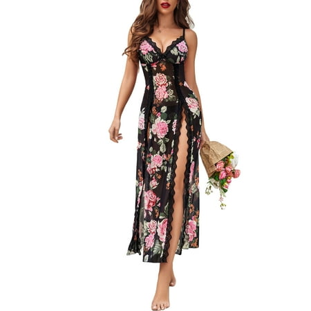 Lingerie for Women Side Split Chemise Sexy Nightdress Deep V Neck Nightwear Long Nightgown