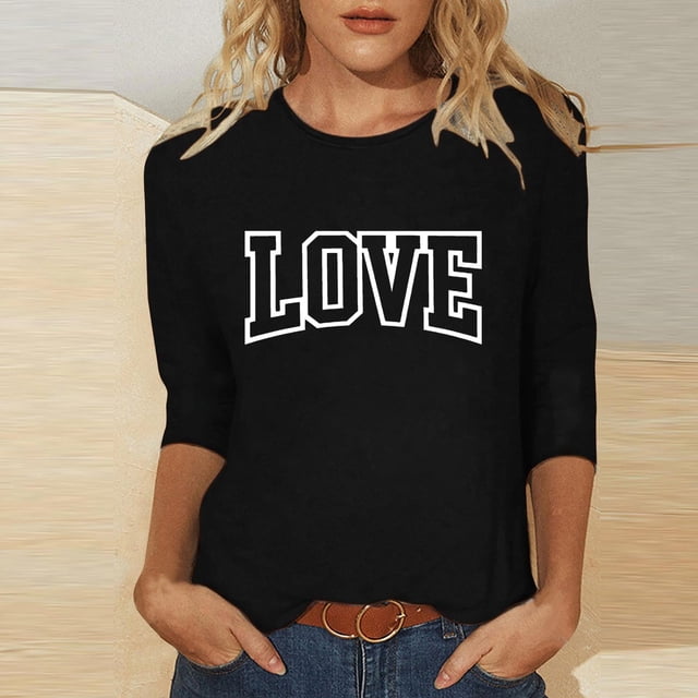 Ailaofu T-Shirts de la Saint-Valentin à Manches 3/4 Col Rond pour Femmes avec Imprimé Cœur Graphique