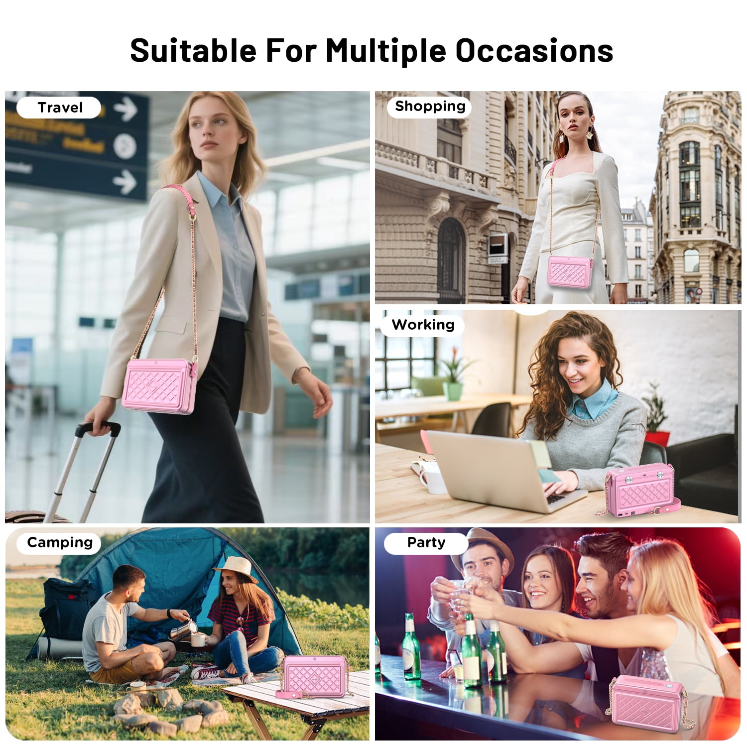iDiskk MFi Certified 2-in-1 Security Lockable Crossbody Bag with Fingerprints Lock for Women, Shoulder Bag Anti-Theft with Fingerprint & Password Unlocking Built-in 8000mAh 1-Pack Pink