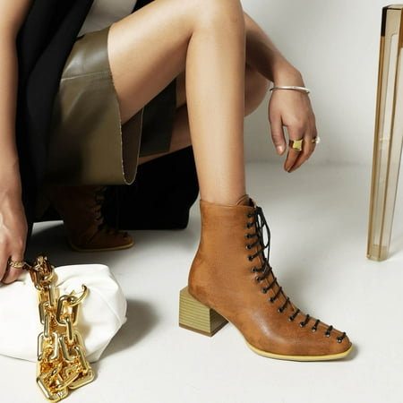 

Fitoron Short Boots for Women Snake Print Color-blocking-lace Shoes Thick-heel-toe Women s Short Autumn Winter Saving Sale- Brown 7